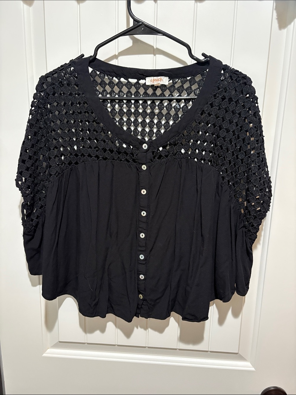Crochet Yoke Button-Front Women's Top in Black